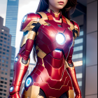 Female superhero in red and gold Iron Man suit with glowing arc reactor and gauntlets in cityscape