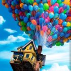 Whimsical house suspended by colorful balloons in the sky