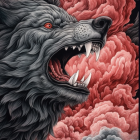 Two wolves in red and pink rose tapestry portrait