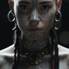 Woman with facial tattoos and septum piercing with braided hair.