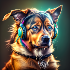 Colorful digital artwork: Dog with headphones & neon lights