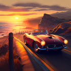 Red Sports Car Driving Coastal Road at Sunset