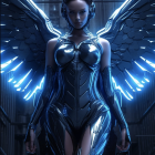 Futuristic female figure with glowing blue mechanical wings in sleek armor against high-tech cityscape