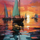 Colorful sunset over calm waters with sailboats and reflections