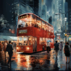 City street scene at dusk with red double-decker bus and pedestrians.