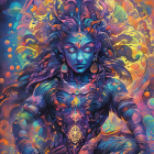 Colorful digital artwork: Deity with multiple arms in ornate attire