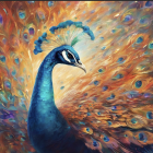 Colorful peacock painting with vibrant blues, greens, and oranges