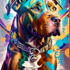 Colorful digital artwork: Dog with multicolored fur and chain collar on abstract background.