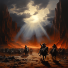 Group of riders on horseback in fiery dystopian landscape with eruptive terrain and flying ships.