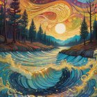 Colorful Psychedelic Landscape with Tree and Celestial Bodies