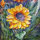 Colorful watercolor painting of sunflowers and blue flowers