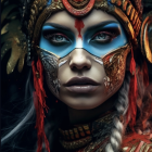 Portrait of a person in feathered headdress and tribal makeup