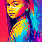 Colorful digital portrait of young girl with neon colors and geometric patterns