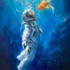 Astronaut in white suit underwater surrounded by coral and fish