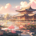 Traditional Asian Pagoda Complex Surrounded by Lotus Flowers