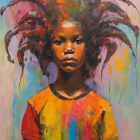 Colorful painting of young girl with dreadlocks in vibrant striped shirt