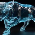 Transparent blue digital art image of a glowing bull in sturdy stance