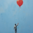 Person in Hat Reaching for Red Balloon on Blue Background