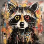 Vibrant Paint Splatter Raccoon Face on Beige Background