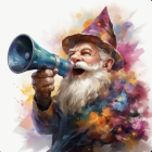 Whimsical gnome character with long white beard and red hat holding spyglass