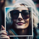 Smiling woman in sunglasses framed by Polaroid for unique photo effect