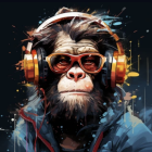 Stylish Monkey with Headphones, Glasses, and Jacket on Dark Background