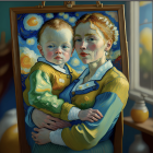 Woman and child in swirling garments against Starry Night backdrop.