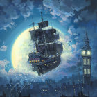 Sailing ship flying over city skyline under full moon