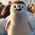 Penguin with snow on head on ice at sunrise