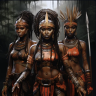 Three warrior women with ornate hairstyles and tribal attire in misty forest.