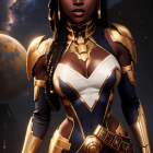 Female warrior in gold and black armor against starry backdrop