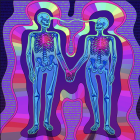 Neon-colored skeletal figures on psychedelic background with skull.