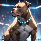 Muscular bulldog in sparkling collar against blurred spotlight-lit background