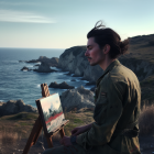 Artist painting coastal scene with cliffs and ocean under clear sky