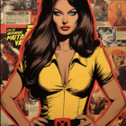 Comic book cover with confident red-haired woman in yellow superhero outfit surrounded by action-packed panels