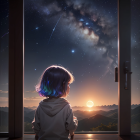 Young girl looking at starry sky through window with galaxy and warm sunset glow