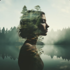 Double Exposure Portrait Blending Woman's Profile with Forest and Lake