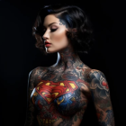 Colorful tattoos and dramatic makeup on woman against dark background