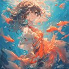 Detailed Underwater Girl Illustration with Coral-like Hair and Orange Fish