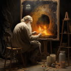 Ponytailed artist painting volcano landscape with bowls and oil lamp