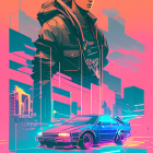 Stylized image of man with modern haircut and retro-futuristic car in neon-lit city