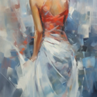 Impressionistic painting of woman in red and blue dress