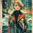 Blonde-Haired Anime Character in Jacket in Neon Cityscape