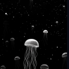 Various Sizes of Bioluminescent Jellyfish in Dark Underwater Space