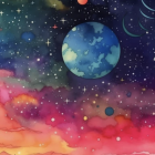 Colorful nebulae and planets in starry sky artwork.