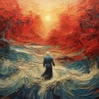 Blue-robed figure in turbulent waves under red and orange sky