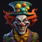 Colorful Sinister Clown with Polka-Dotted Jacket on Dark Background