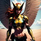 Warrior woman with angelic wings in golden and blue armor against dramatic sky