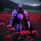 Knight in Reflective Purple Armor in Vibrant Field of Flowers