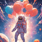 Astronaut surrounded by vibrant balloons in whimsical cosmic scene